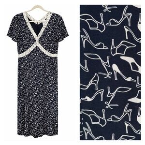 Vtg Liz Claiborne 90s Babydoll Day‎ Dress Midi Shoes Size 14 Novelty Classy Rare